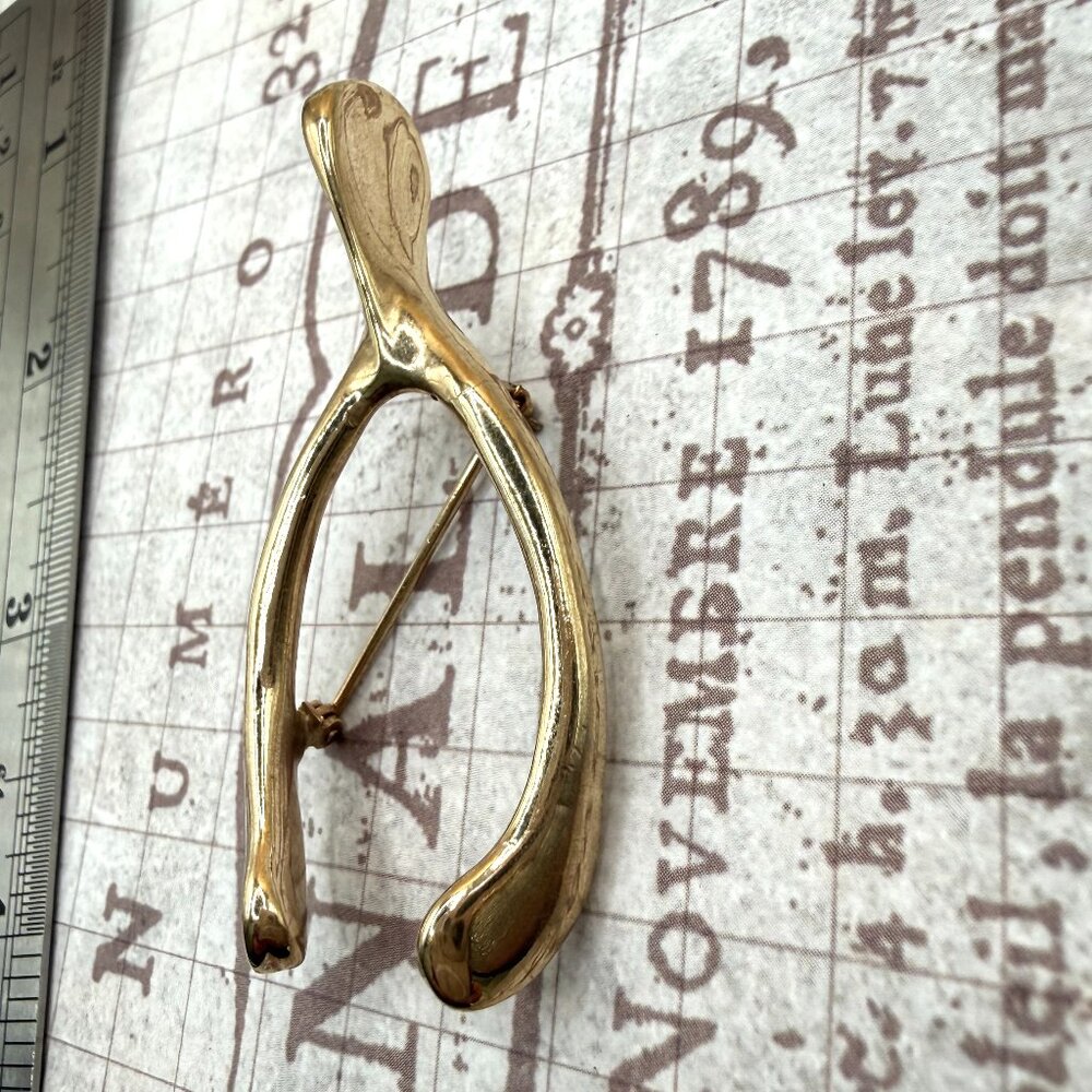 1950s Vintage Large Gold Tone Wishbone Brooch Pin Good Luck Symbol Estate - Picture 3 of 11
